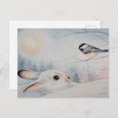 Snowshoe Rabbit & Chickadee Bird Waterverf Art Briefkaart (Voorkant / Achterkant)