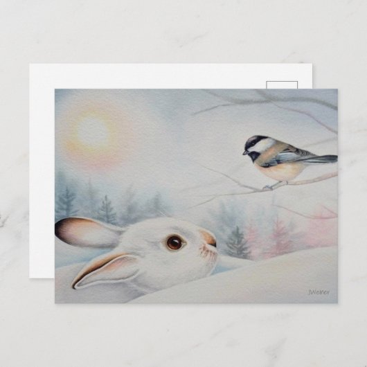 Snowshoe Rabbit & Chickadee Bird Waterverf Art Briefkaart (Voorkant / Achterkant)