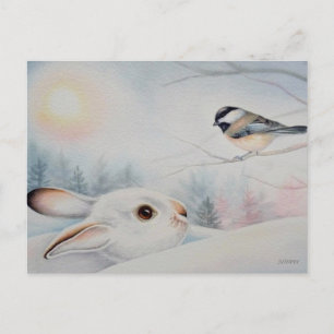 Snowshoe Rabbit & Chickadee Bird Waterverf Art Briefkaart