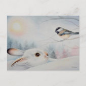 Snowshoe Rabbit & Chickadee Bird Waterverf Art Briefkaart (Voorkant)