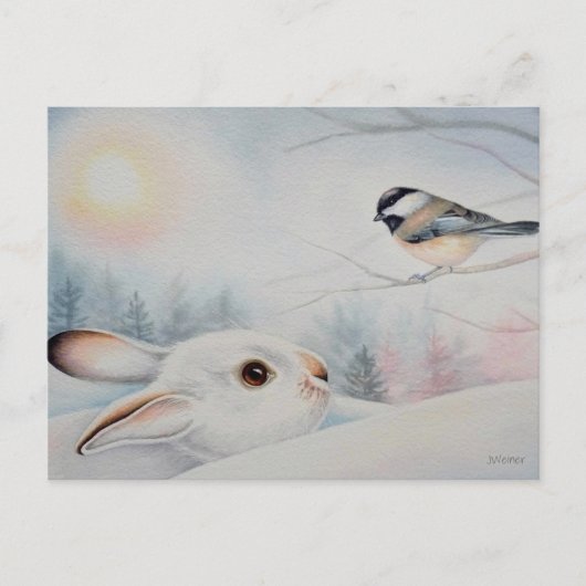 Snowshoe Rabbit & Chickadee Bird Waterverf Art Briefkaart (Voorkant)
