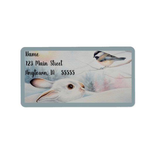 Snowshoe Rabbit & Chickadee Bird Waterverf Art Etiket (Voorkant)