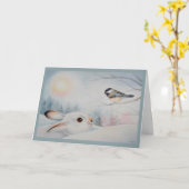 Snowshoe Rabbit & Chickadee Bird Waterverf Art Kaart (Gele Bloem)
