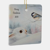 Snowshoe Rabbit & Chickadee Bird Waterverf Art Keramisch Ornament (Rechts)