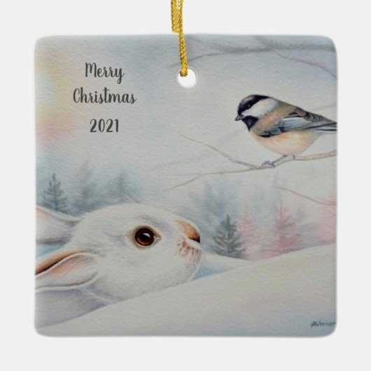 Snowshoe Rabbit & Chickadee Bird Waterverf Art Keramisch Ornament (Voorkant)