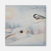Snowshoe Rabbit & Chickadee Bird Waterverf Art Magneet (Voorkant)