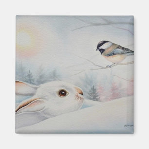 Snowshoe Rabbit & Chickadee Bird Waterverf Art Magneet