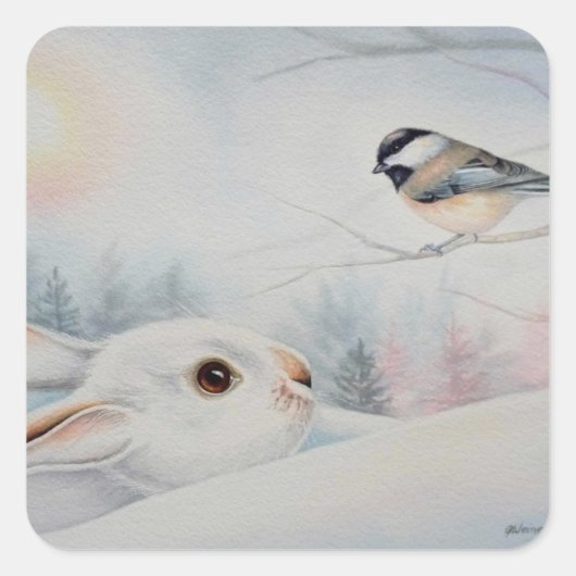 Snowshoe Rabbit & Chickadee Bird Waterverf Art Vierkante Sticker (Voorkant)