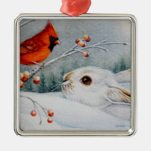 Snowshoe Rabbit & Red Cardinal Bird Waterverf Art Metalen Ornament