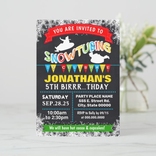 Snowtubing sleeding verjaardagsbas kaart (Staand voorkant)