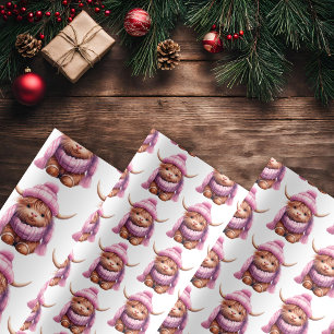 Snowy Adventure Pink Highland Koe inpakpapier Vel
