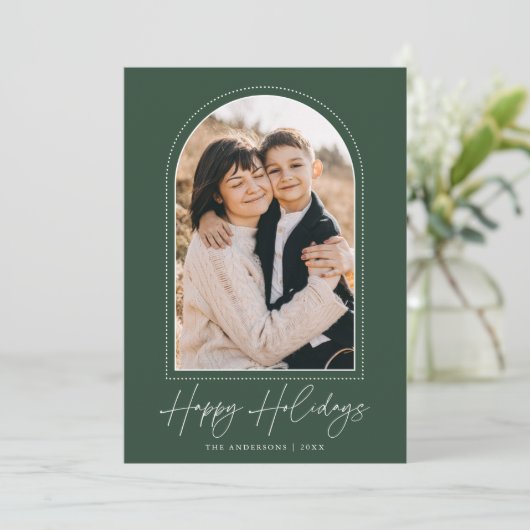 Snowy Arch Green Prettige feestdagen Foto Feestdagenkaart (Staand voorkant)