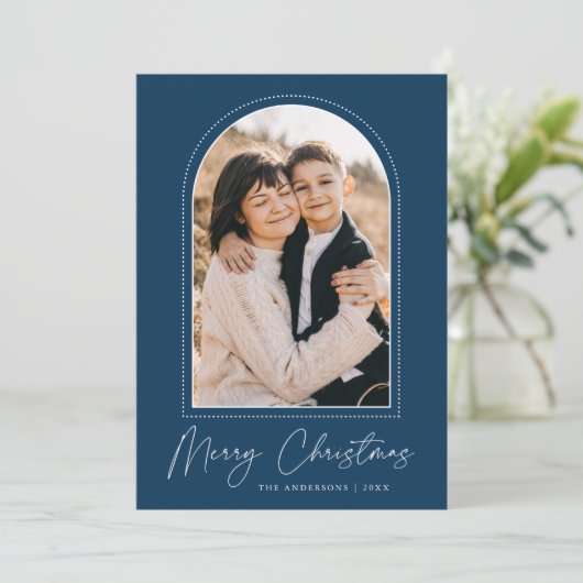 Snowy Arch Navy Blue Merry-kerstfoto Feestdagenkaart (Staand voorkant)