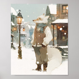 Snowy Arctic Fox Watercolor Portrait with Scarf Poster
