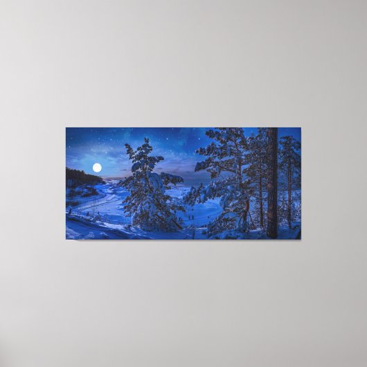 Snowy Baltic zee kust met visboom in de nacht Canvas Afdruk (Voorkant)