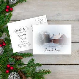 Snowy Barn en Silo Winter Wedding Save the Date Aankondigingskaart