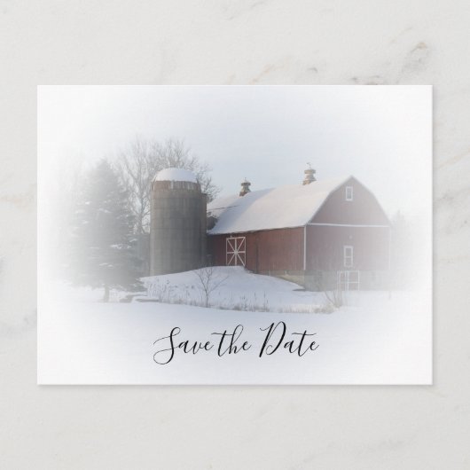 Snowy Barn en Silo Winter Wedding Save the Date Aankondigingskaart (Voorkant)