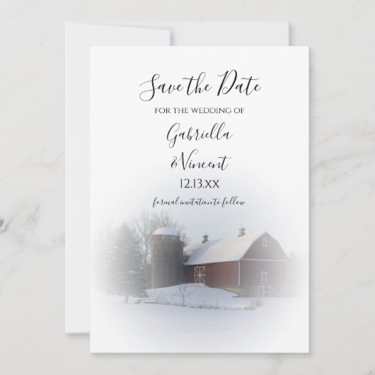 Snowy Barn en Silo Winter Wedding Save the Date Kaart (Voorkant)