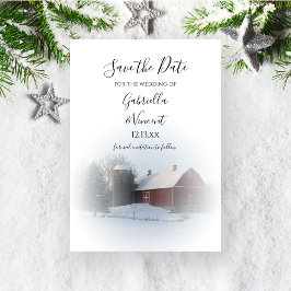 Snowy Barn en Silo Winter Wedding Save the Date Kaart