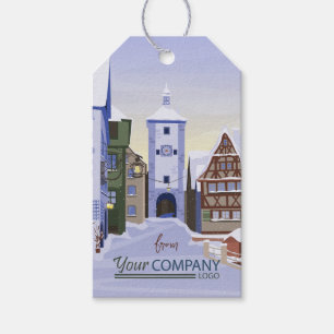 Snowy Bavarian Village Company Holiday Kaart Cadeaulabel