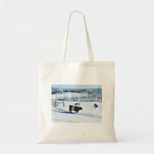 Snowy Belted Galloway Koe in sneeuwse Waterverf Tote Bag (Voorkant)