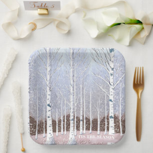 Snowy berken bomen kerst stoffig blauw ID1003 Papieren Bordje