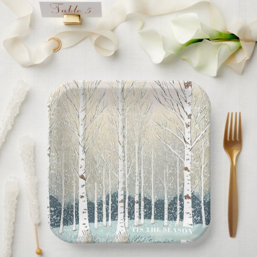 Snowy Berken Kerst Blauwgroen ID1003 Papieren Bordje (Huwelijk)