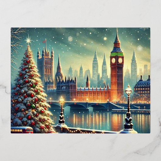 Snowy Big Ben en de feestelijke skyline van Londen Folie Feestdagen Briefkaart (Voorkant)