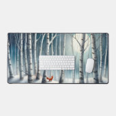 Snowy Birch Forest Desk Mat with Fox (Keyboard & Muis)