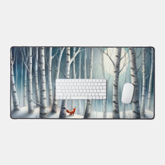 Snowy Birch Forest Desk Mat with Fox (Keyboard & Muis)