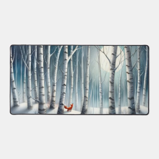 Snowy Birch Forest Desk Mat with Fox (Voorkant)