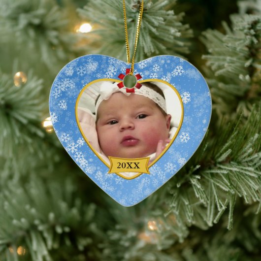 Snowy Blue Baby's 2 Sided Photo Keepslag Keramisch Ornament (Boom)