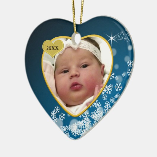 Snowy Blue Baby's Birth Year Foto Kerstmis Keramisch Ornament (Links)
