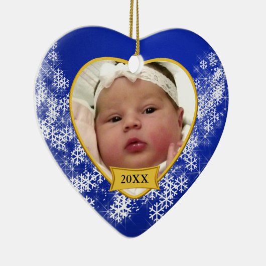 Snowy Blue Baby's eerste kerstfoto Keramisch Ornament (Rechts)