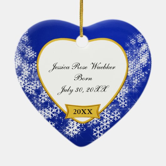 Snowy Blue Baby's eerste kerstfoto Keramisch Ornament (Achterkant)