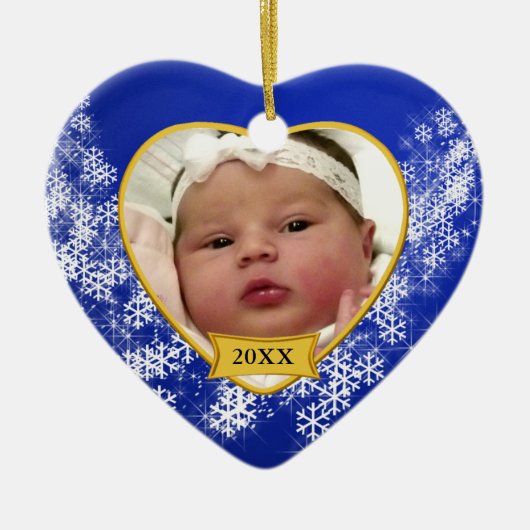 Snowy Blue Baby's Foto Kerstmis Keramisch Ornament (Voorkant)