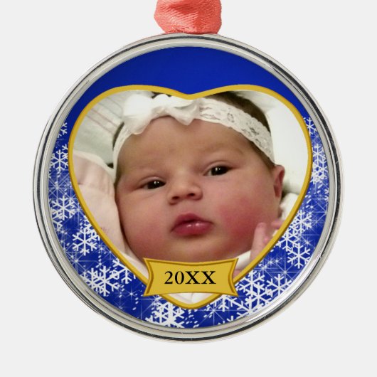 Snowy Blue Baby's Foto met Kerstmis Metalen Ornament (Voorkant)