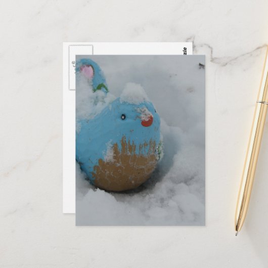 Snowy Blue Bird Briefkaart (Voorkant / Achterkant in situ)