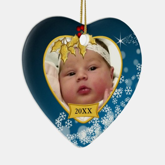 Snowy Blue en Gold Baby's eerste kerstfoto Keramisch Ornament (Rechts)