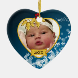 Snowy Blue en Gold Baby's eerste kerstfoto Keramisch Ornament
