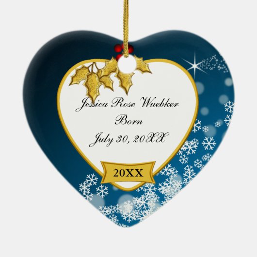 Snowy Blue en Gold Baby's eerste kerstfoto Keramisch Ornament (Achterkant)