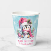Snowy Blue en Roze Schattigee Pinguïn Vrolijk Kers Papieren Bekers (Achterkant)