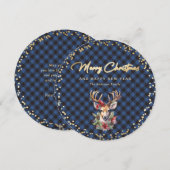 Snowy Blue Gold Deer Merry kerst Feestdagenkaart (Voorkant / Achterkant)