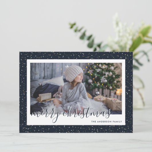 Snowy Blue Gold-serie Foto met prettig kerstfeest Feestdagenkaart (Staand voorkant)