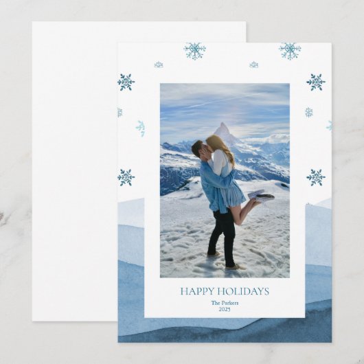 Snowy Blue Holiday Photo Card Kaart (Voorkant / Achterkant)