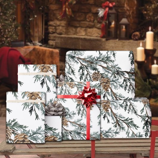 Snowy Blue Juniper Tree Branch & Pine Tree Cons W Cadeaupapier