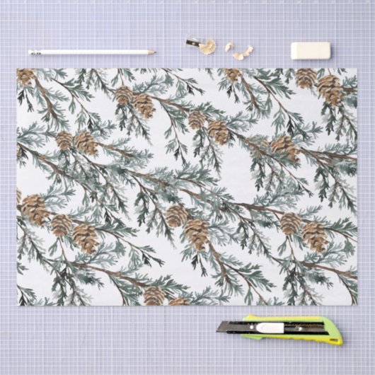 Snowy Blue Juniper Tree Branches & Cones Tissuepapier (Craft)