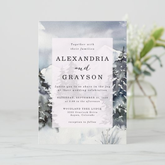 Snowy Blue Mountain Waterverf rustieke bruiloft Kaart (Staand voorkant)