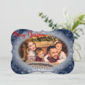 Snowy Blue Oval Foto Lijst Kerstmis Fancy knippen Feestdagenkaart (Staand voorkant)