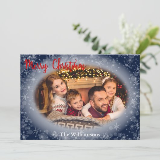 Snowy Blue Oval Photo Lijst Kerstmis Feestdagenkaart (Staand voorkant)